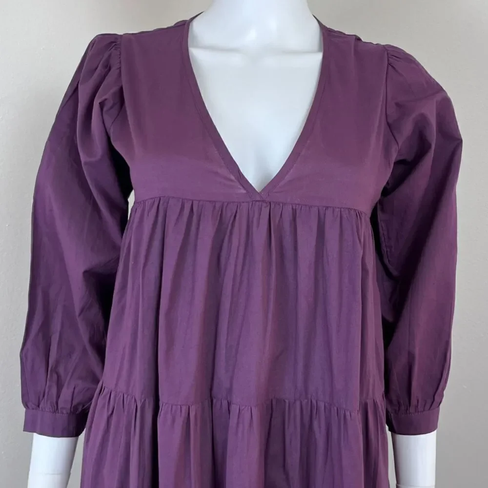 Mille Gemma Women Size XXS Purple Peasant Cotton Pullover Tiered Midi NEW Dress